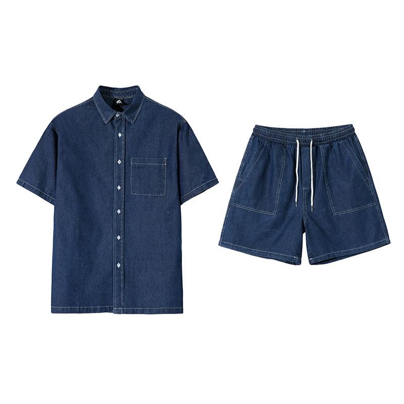 Men's summer shirt, retro denim skirt, set, with short sleeve, Korean style 5