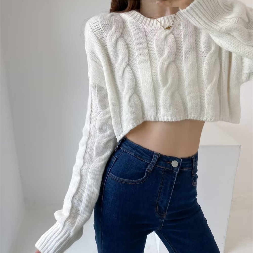 欧美性感辣妹短款针织衫毛衣外套秋冬新款罩衣女复古麻花宽松套头