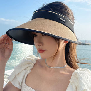 Shanshan Sun Hat Summer 2023 New Sun Protection Hat Showing Face Small Anti-Uv Large Brim Empty Top Black Plastic Straw Hat