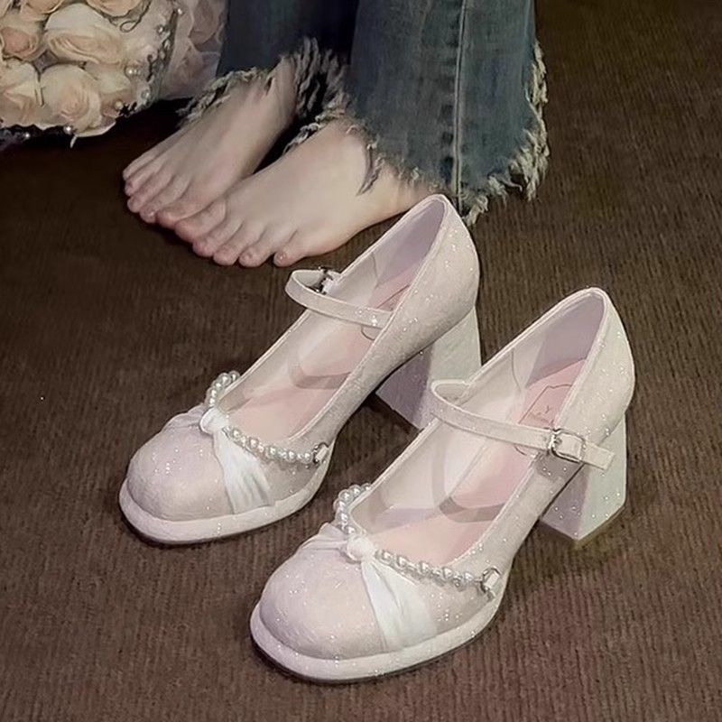 요정 부드러운 바람 진주 빛 하이힐 여성 싱글 신발 두꺼운 굽 우아한 웨딩 신발 신부 들러리 드레스 스커트 메리 제인 여성 신발