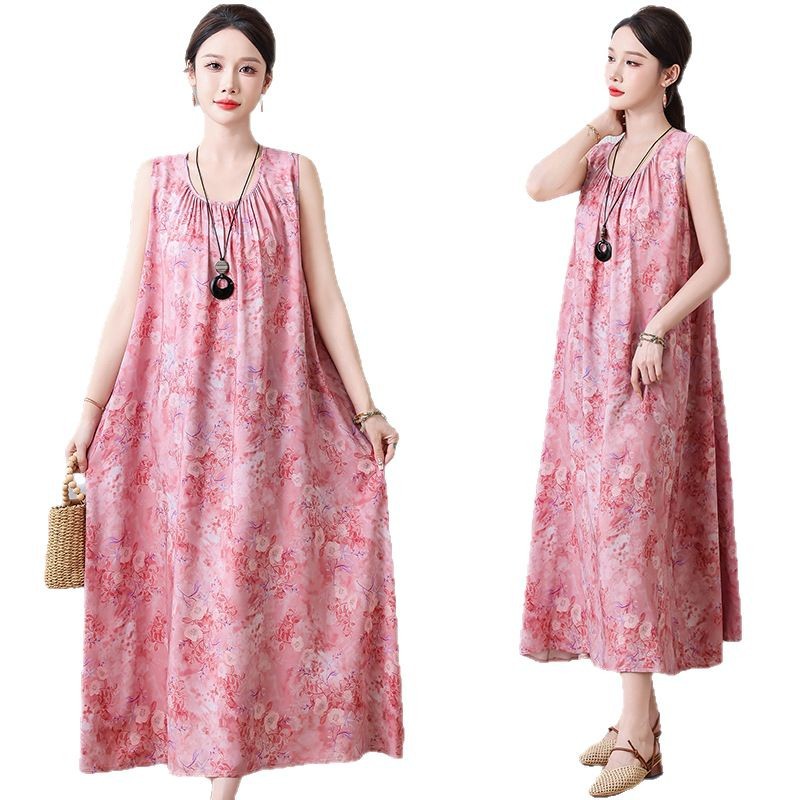 Cotton Silk Mother Summer dress Middle-aged and Elderly plus size Women's 100.00kg Loose Artificial Cotton Sleeveless New Dress