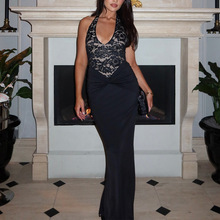 亚马逊外贸新款时尚气质修身挂脖连衣裙性感蕾丝包臀露背女士长裙