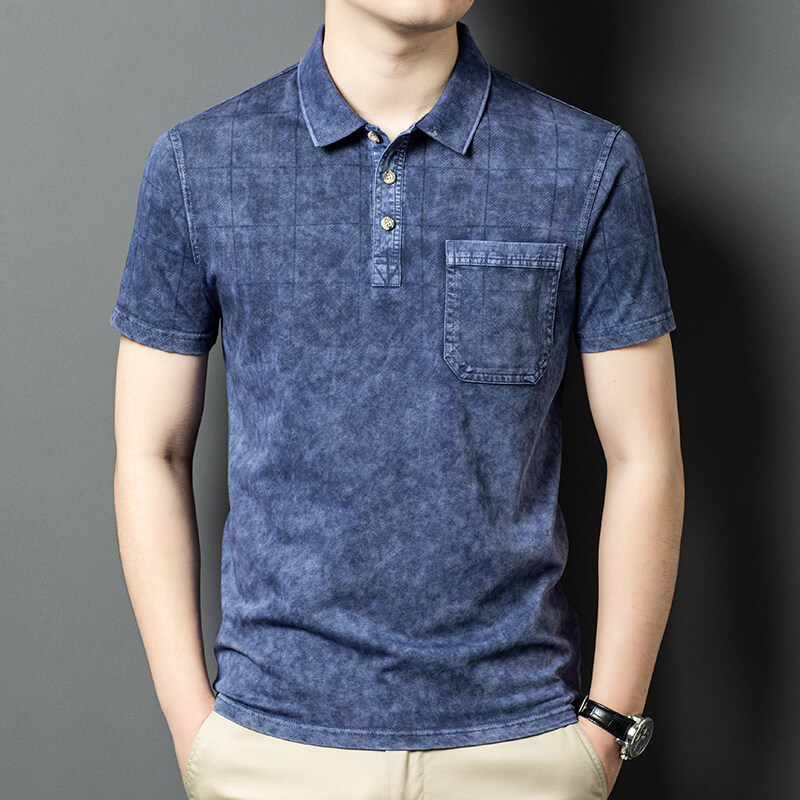 Summer Short-Sleeve T-Shirt for Men, Cotton Denim Blue with Real Pockets, Casual Loose Fit Polo Shirt for Middle-Aged Men