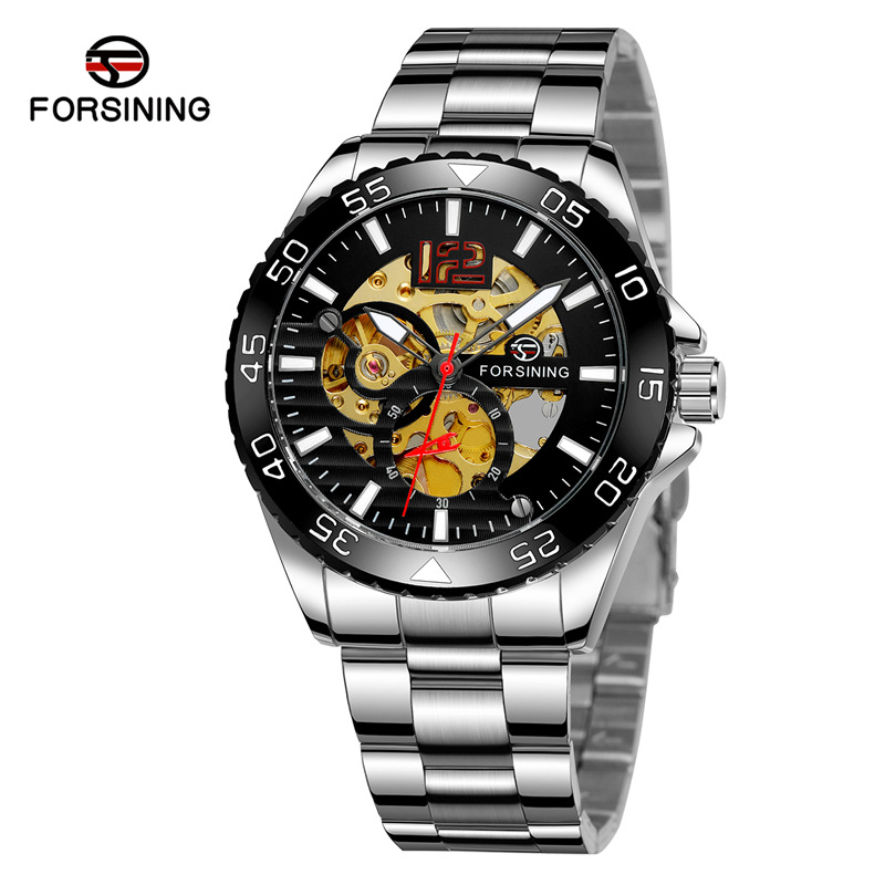FORSINING8225 movimiento mecánico automático correa de acero puntero luminoso personalidad hueco fresco reloj los hombres
