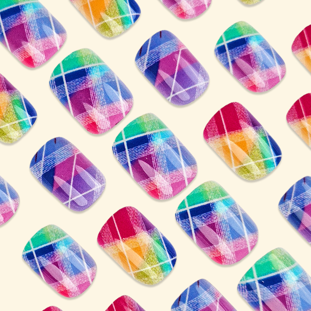 Comercio exterior arco iris cuadrícula gradiente de uñas falsas europeas y americanas 24 piezas de uñas de primavera y verano