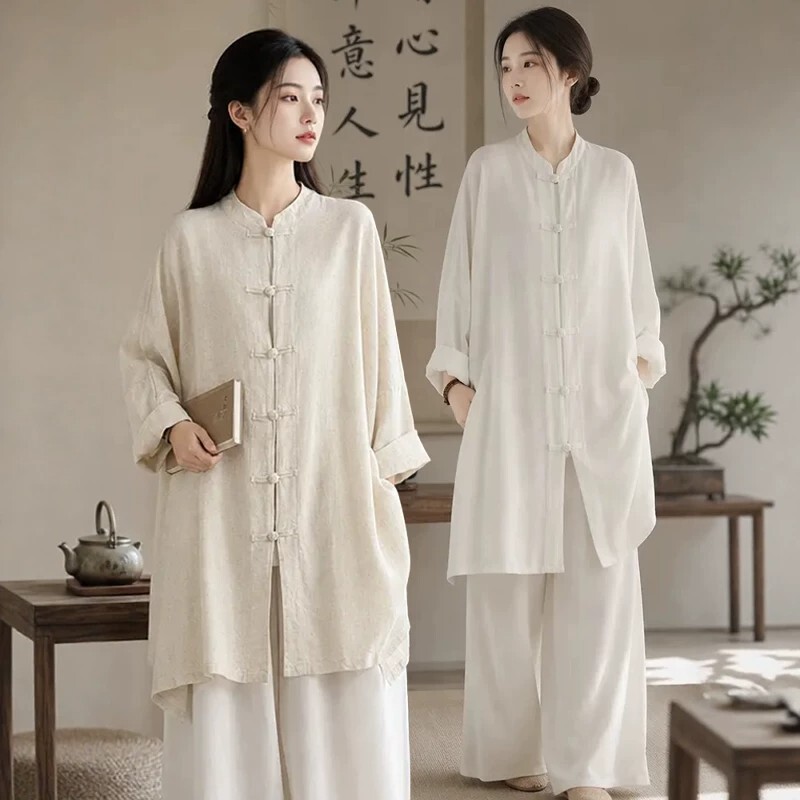 Cotton and Linen Zen-Style Buddhist Women's Clothing, Loose-Fitting Laywoman Attire for Temple Worship, Tai Chi Practice Outfit Set Cotton and Linen Zen-Style Buddhist Women's Clothing, Loose-Fitting Laywoman Attire for Temple Worship, Tai Chi Practice Outfit Set
