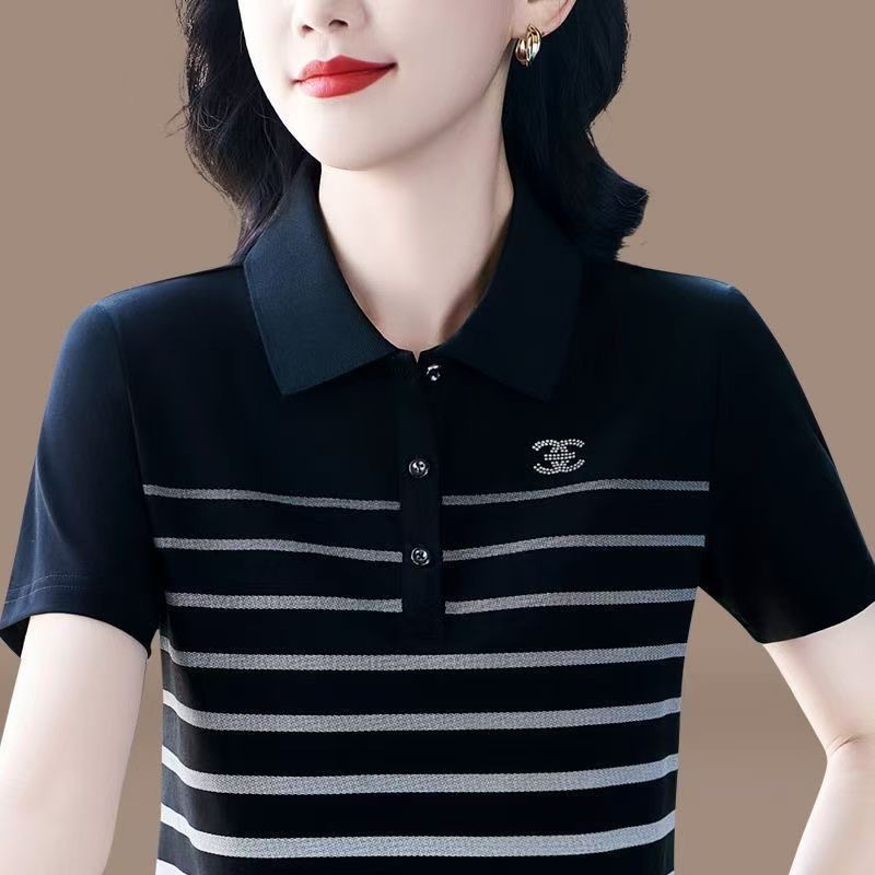 【529# M-4XL/3 Colors】Summer Striped Color Block Polo Collar Short Sleeve T-Shirt Women's Slim Fit Mom Outfit