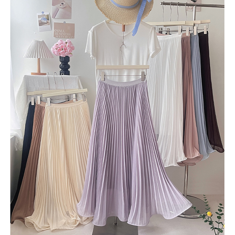 Gentle Chiffon Pleated Skirt, Fairy-Like 2026 Spring and Summer New High-Waisted Slimming A-Line Skirt with Large Hem, Mid-Length Skirt