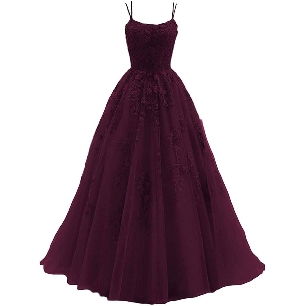 Amazon Comercio exterior espaguetis Correa baile vestido de noche largo tul encaje apliques vestido de fiesta de las mujeres image 12