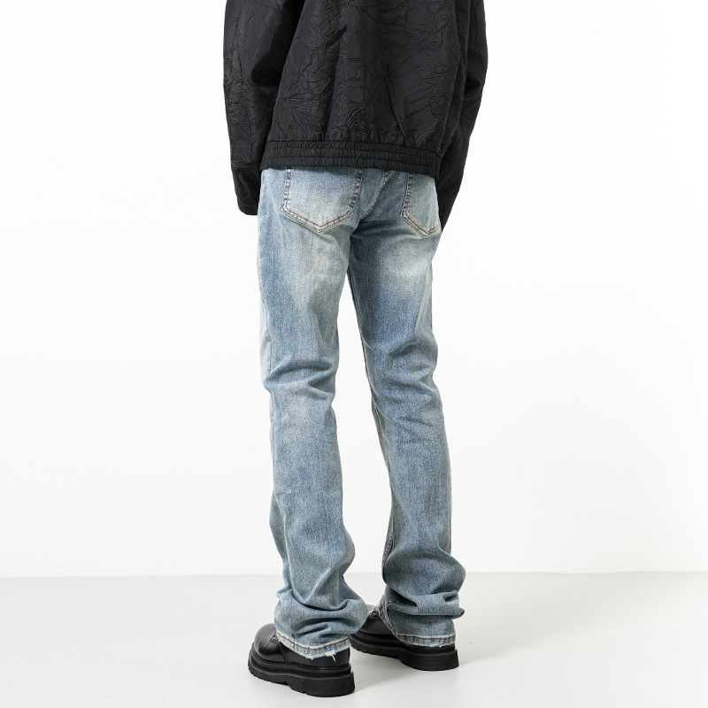 Men's Light Blue Distressed Flared Jeans High Street Loose Straight Fit Casual Cleanfit Style_voghion.com