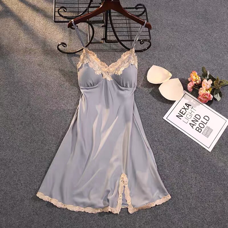 Nightgown Women's Spring and Summer Thin Sexy Sling Ice Silk Pajamas Silk Lace Split with Chest Pad Home Clothes