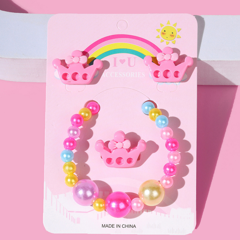 Acrylic Handmade Beaded Crown Earrings Ring Bracelet Three-Piece Set