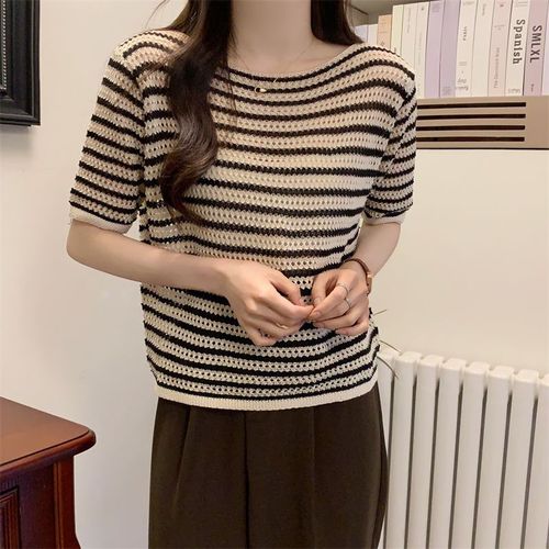 Round neck Japanese casual T-shirt for women summer new striped T-shirt short temperament hollow contrast color ice silk short-sleeved top