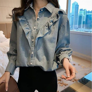 Sweet Ruffled Denim Shirt for Women 2025 Spring & Fall New Large Size Loose Slimming Look Long-Sleeved Top Bottoming Shirt Trbottomy