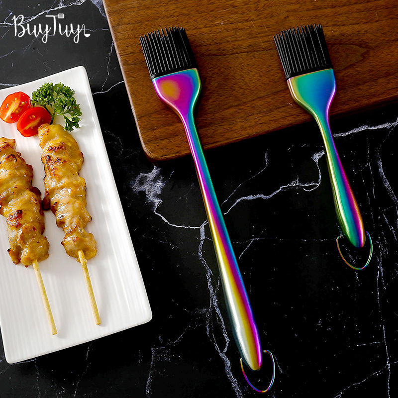 亚马逊长短柄烧烤刷子可拆卸刷头家用厨房烘焙用具彩钛不锈钢油刷