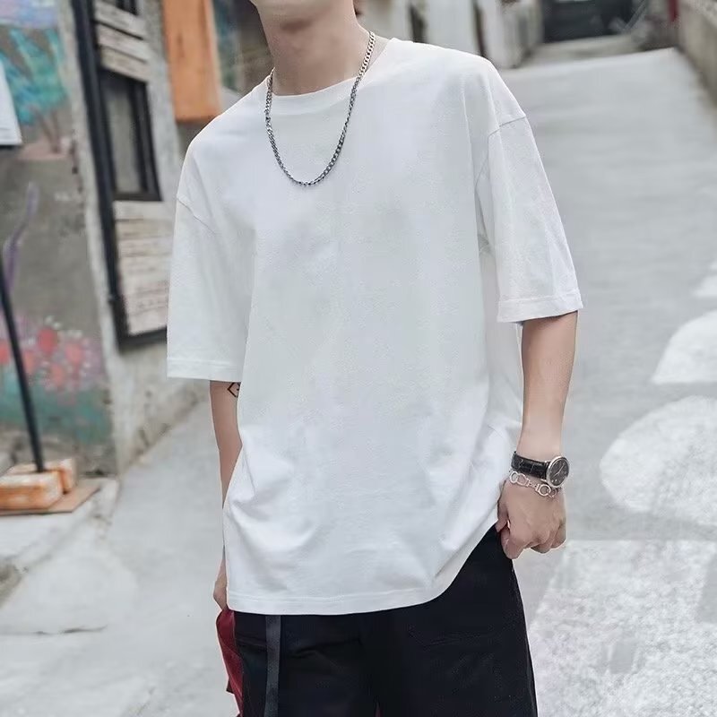 White Short-sleeved T-shirt Men's Hong Kong-style Summer Loose Korean-style Mid-sleeved Solid Color T-shirt Half-sleeved Student plus size