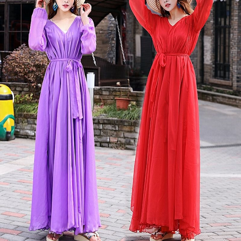 Chiffon Maxi Dress with Large Hem, Plus Size, Spring and Summer Dress, Elegant Seaside Vacation Long Ankle-Length Beach Dress