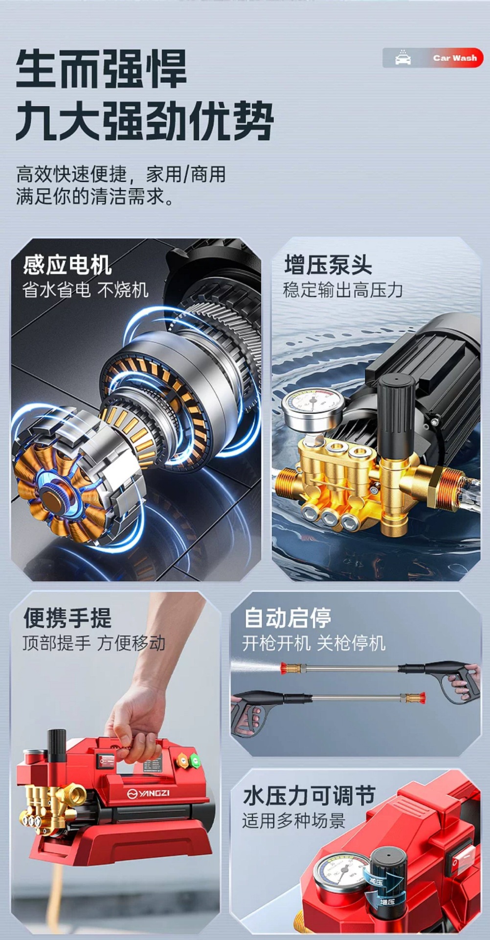 Yangzi Car Washing Machine High-Pressure Water Gun for Home Use 220V High-Power Car Washing Tool New Type of Booster Pump Powerful Floor Cleaner