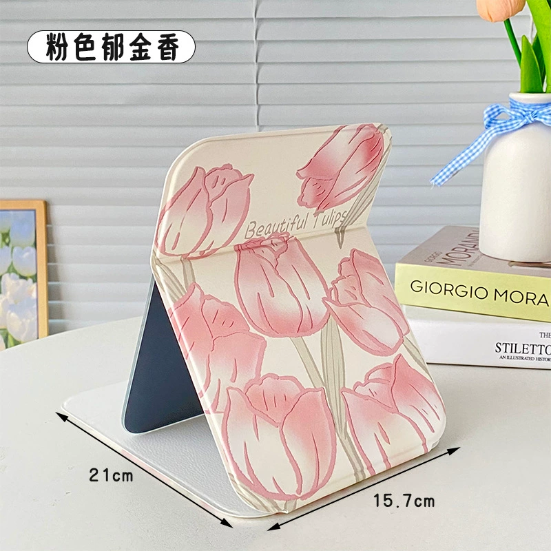 Folding PU Portable Makeup Mirror, HD Glass, Standable Compact Vanity Mirror