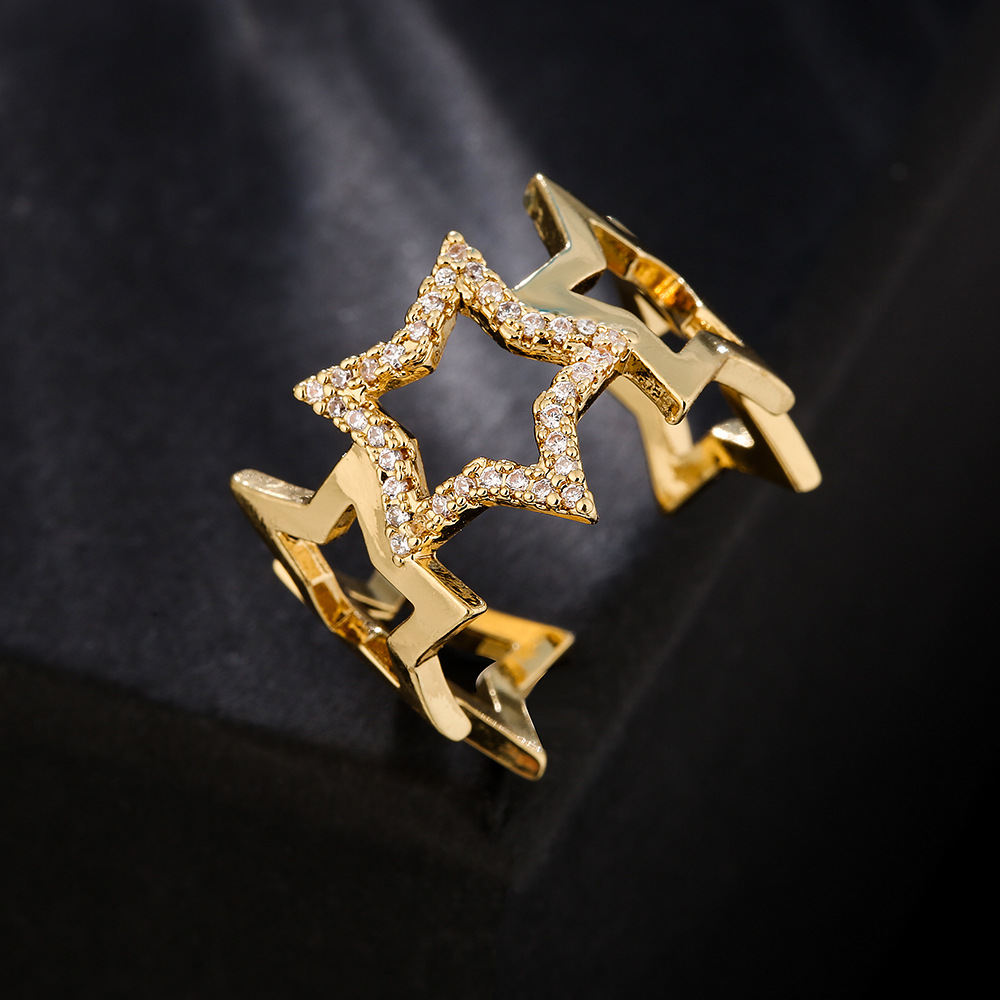 fashion copper 18K gold zircon five-pointed star geometric open ring female
