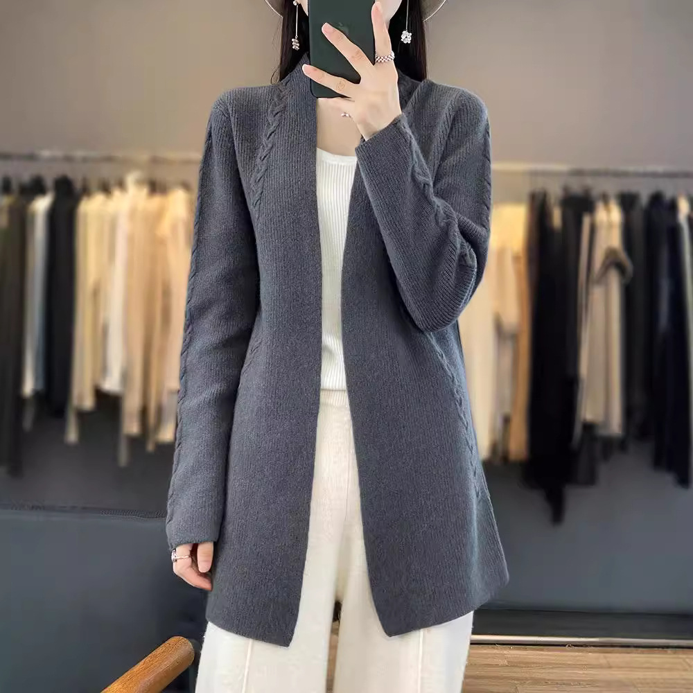 羊毛元宝针厚针织开衫秋冬新款宽松百搭纯色中长款上衣宽松外套