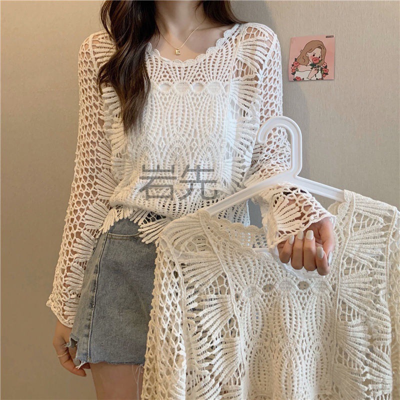 Yx Hollow Knitted Blouse Women's Summer Loose Thin Sunscreen Air-conditioning Shirt Design Sense Outer Chic Lace Short Top