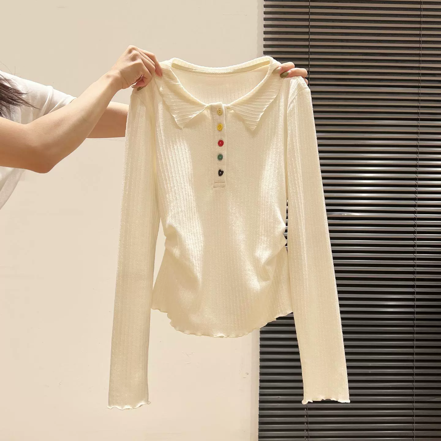 Lapel Long-Sleeve Pleated-Edge Plus-Size Shirt, Apricot, Pullover Top L–5XL