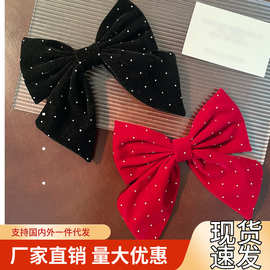 新款满天星蝴蝶结发夹风绒面复古气质碎钻鸭嘴夹一字夹饰少女发发
