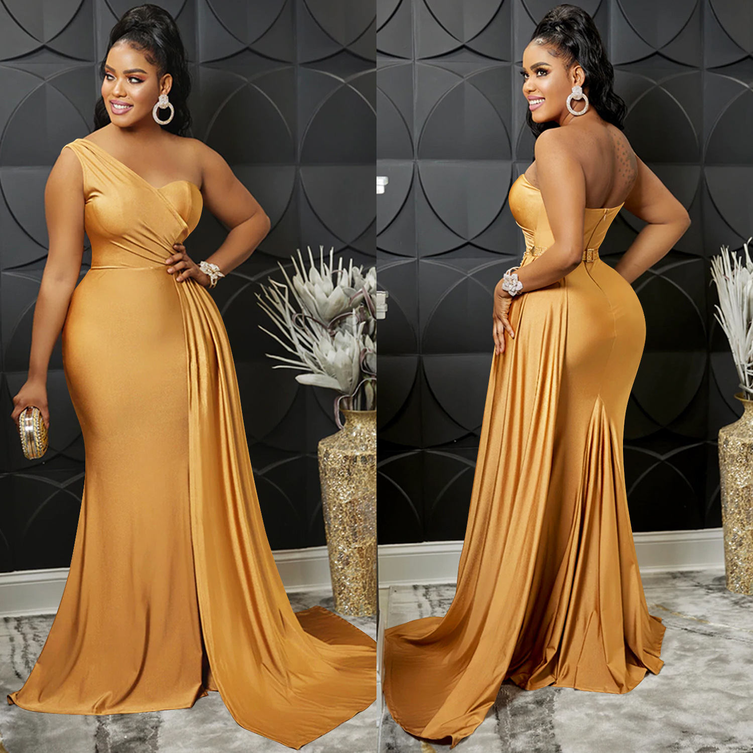 Abbigliamento da donna moda femminile tinta unita attillato monospalla abito da festa gonna lunga per le donne_voghion.com