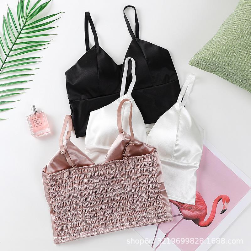 欧美跨境绸缎V领美背带胸垫抹胸裹胸防走光打底修身吊带女士背心