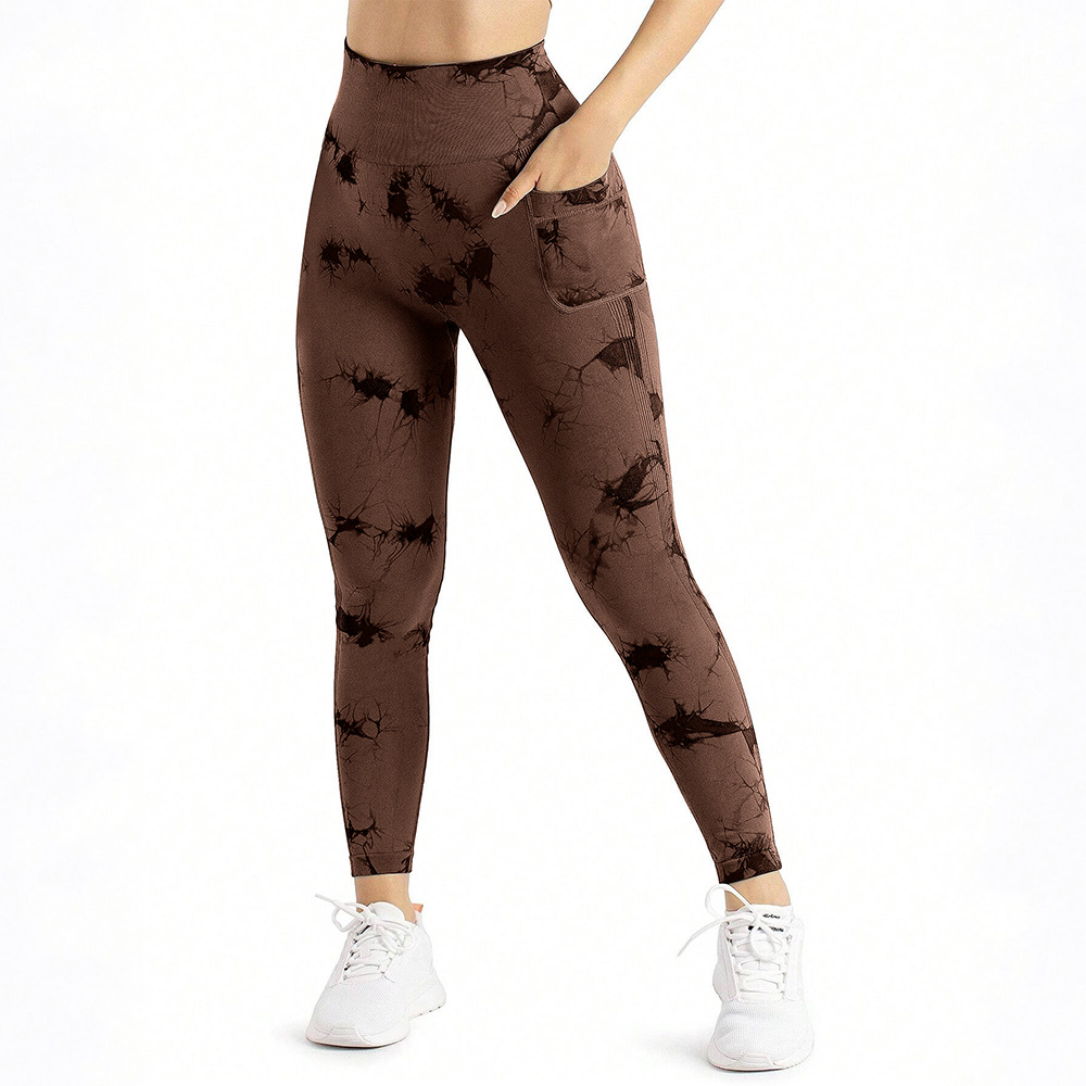 Nuevo estilo transfronterizo sin costuras tiñido de alta elasticidad, bolsillo apretado de peldaño, entrenamiento deportivo, pantalones de yoga para correr