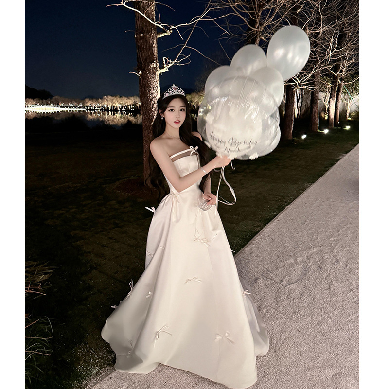 Light Wedding Dress, Satin French Bridal Elegant, White Tube Top, Welcoming Gauze, Super Fairy Bow Engagement Dress