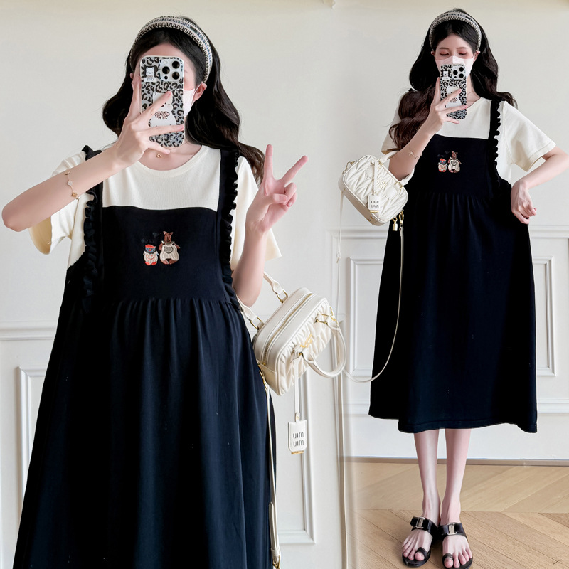 in stock maternity dress 2025 summer Korean fashion sweet age-reducing fake two-piece dress