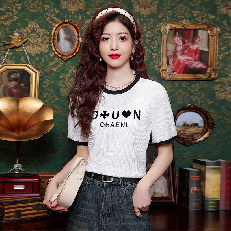 已出货 韩版时尚圆领短袖T恤女夏装2024夏季新款撞色休闲上衣潮