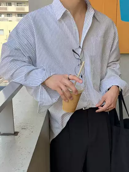 Korean Style Striped Shirt Men Long Sleeve Casual Loose Drapey American Vintage Shirt Jacket Spring Fall