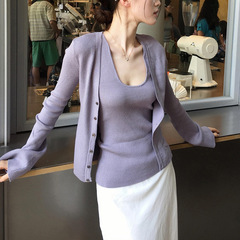 针织开衫外套女秋季长袖薄款挂脖背心紫色设计感两件套装2025新款