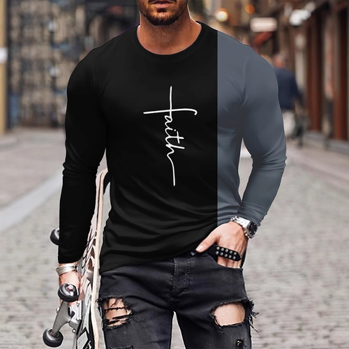 TEMU Autumn Clothing European Size Gradient Retro 3D Digital Printed Men's Long Sleeve Crew Neck Pullover T-Shirt