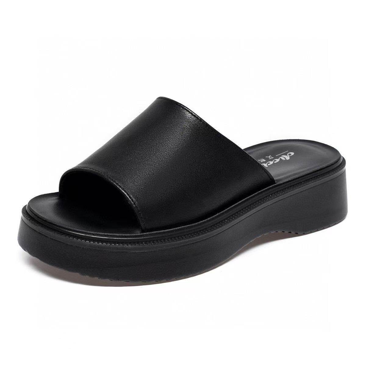 Dép sandal nữ da thật đế dày tăng chiều cao, hở ngón chân, chống trượt, phối đồ đa năng — màu đen
