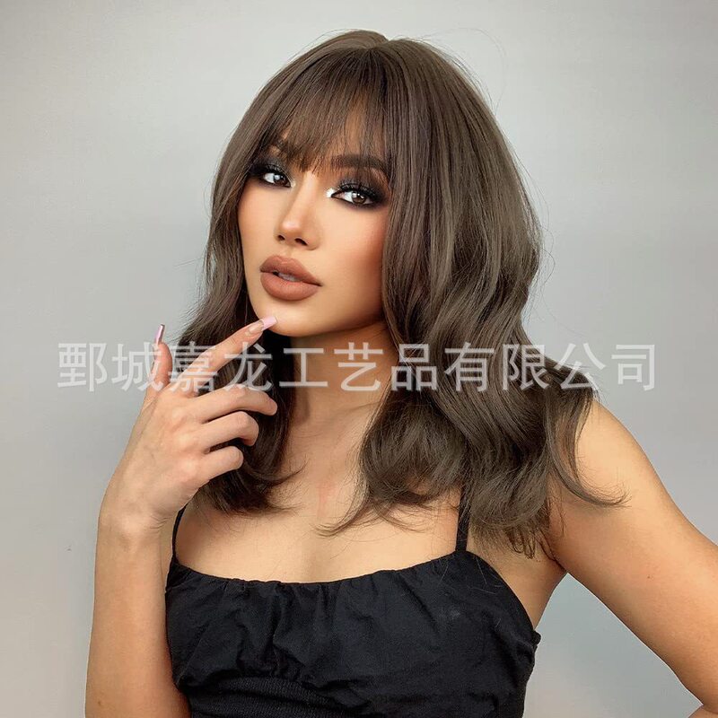 Bangs short curly hair wig women's wave head wig heat resistant synthetic wig shoulder long wig natural look