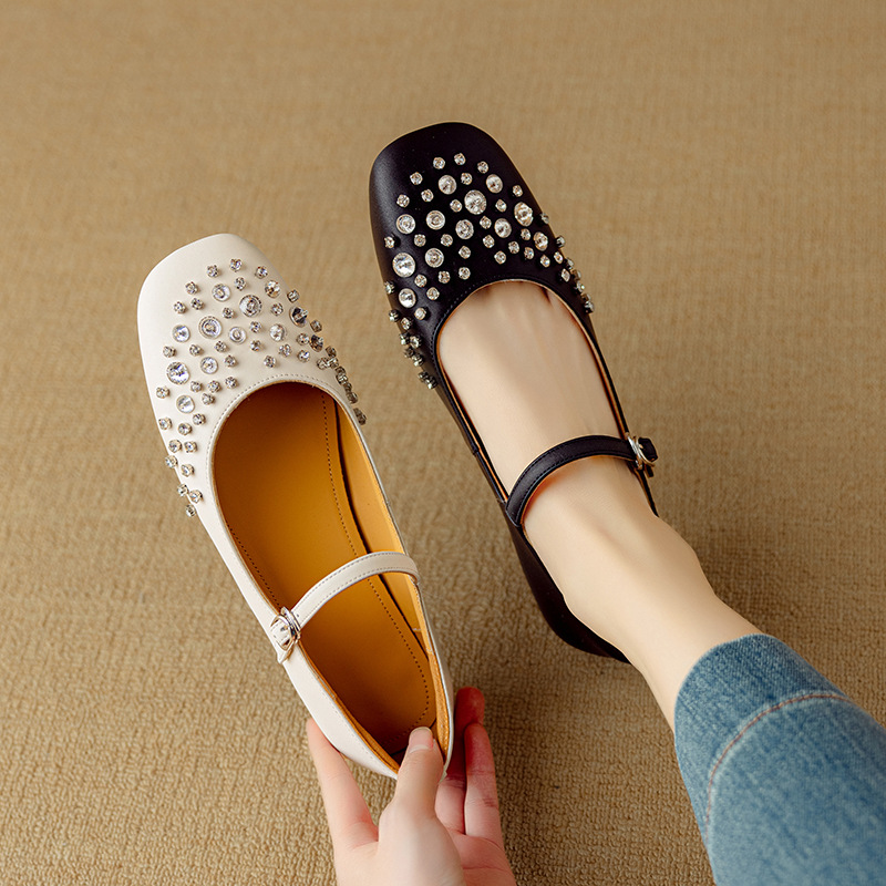 Beige comfortable Mary Jane shoes flat with rhinestones low-cut…