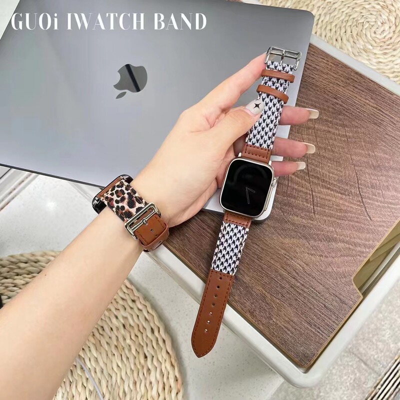 For Apple Watch S8 houndstooth stitching leather strap iwatch1-7 generation SE creative leopard stitching wristband