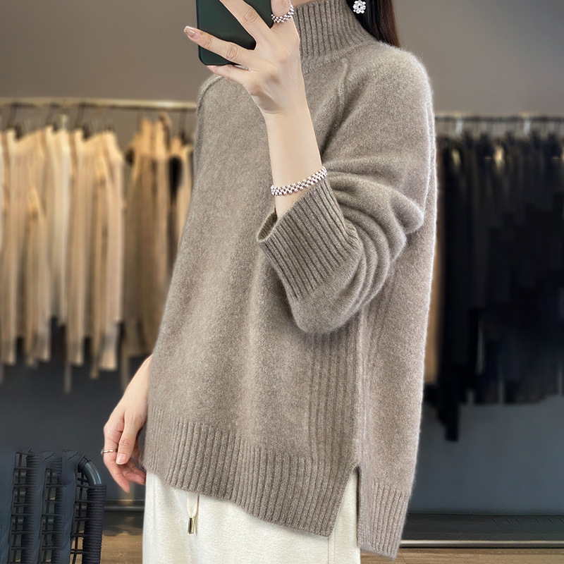 2026 Autumn and Winter New Style Half-Turtleneck Solid Color Sweater for Women, Loose and Stylish with Split Hem, Knitted Top for Layering 2026 Autumn and Winter New Style Half-Turtleneck Solid Color Sweater for Women, Loose and Stylish with Split Hem, Knitted Top for Layering