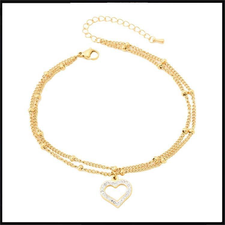 Red rojo joyería de moda titanio acero doble cadena del grano dulce corazón ZIRCON tobillo playa viento pie anillo femenino en stock