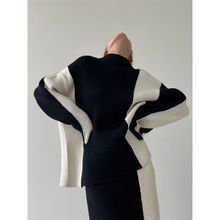 春秋季新款高领拼色时尚百搭气质毛衣套装裙针织宽松两件套裙