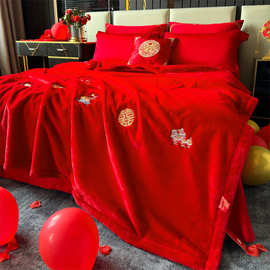 厂家直销仿皮草兔绒刺绣毛毯秋冬加厚保暖大红婚庆云毯结婚绒盖毯