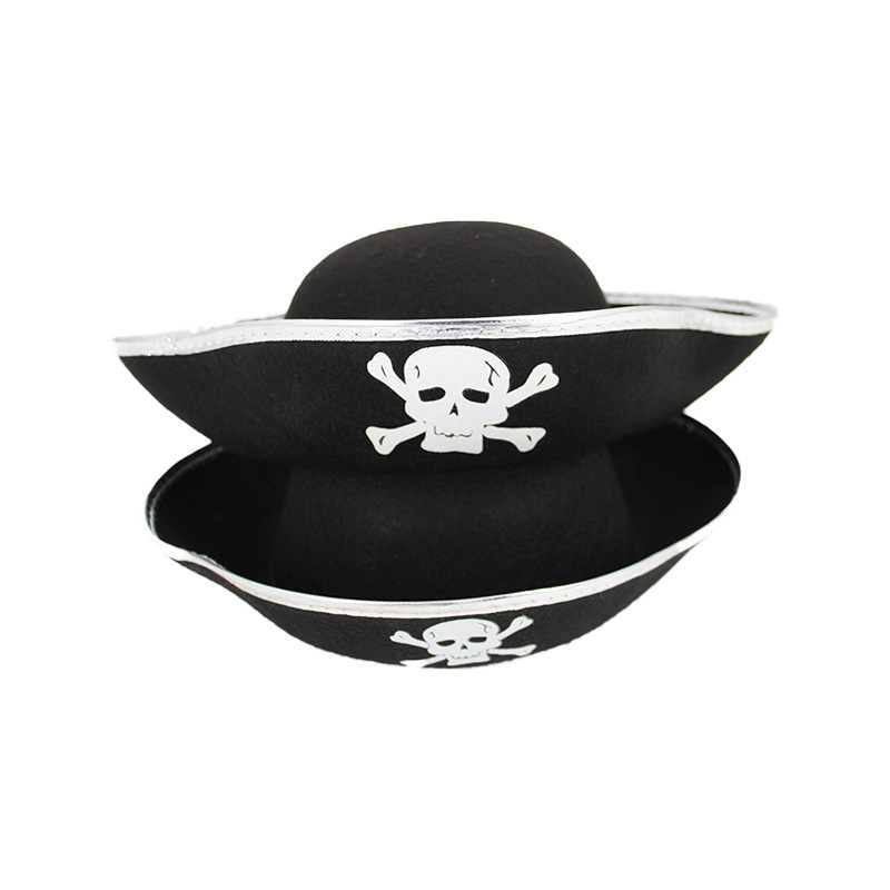 跨境万圣节三角海盗帽子骷髅头图案金色银色包边海盗帽狂欢表演帽
