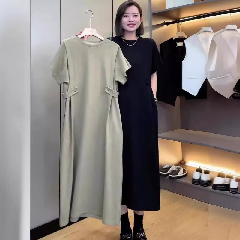 Short-Sleeved Dress for Women, New Summer Style, Round Neck, Loose Button Design, Waist-Cinching, Belly-Covering, Slimming, European Style Dress Short-Sleeved Dress for Women, New Summer Style, Round Neck, Loose Button Design, Waist-Cinching, Belly-Covering, Slimming, European Style Dress