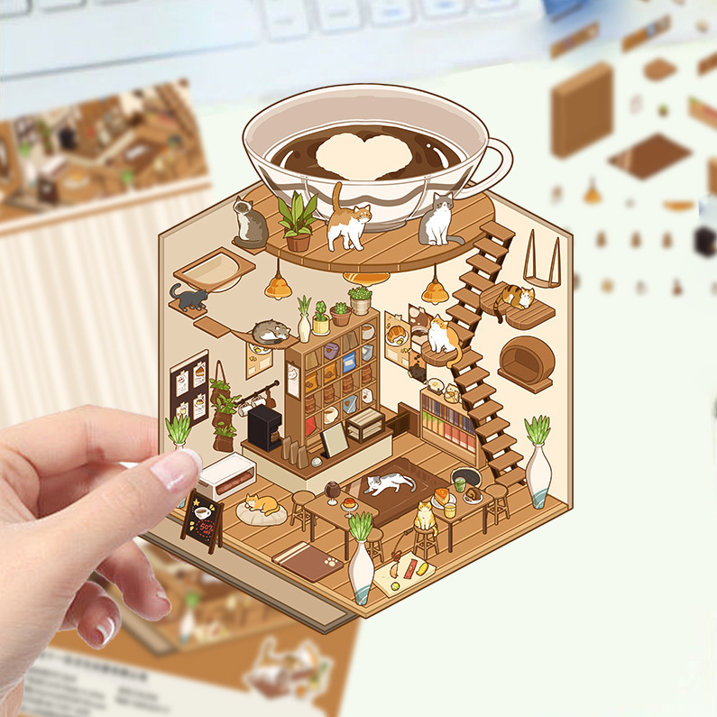 漫画造園ステッカー、さまざまなミニチュア世界 3D キャビン、リトルレッドブック減圧 DIY シーンハンドブックステッカー卸売 PET|undefined