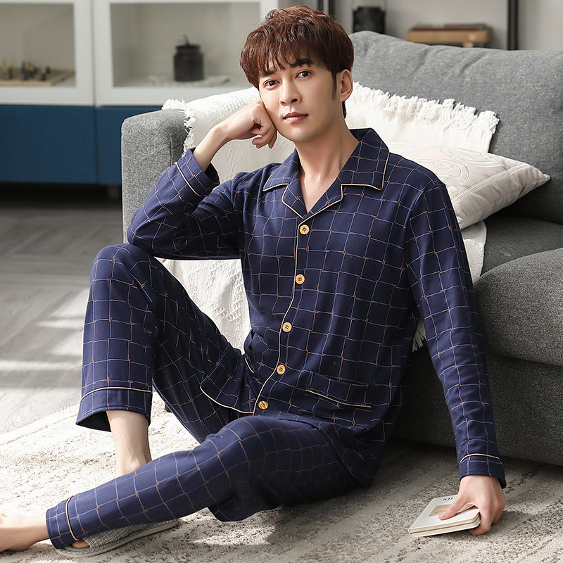 Pajamas Men's Long-sleeved Cotton Spring and Autumn Men's Young Boys Autumn and Winter Cardigan Thin plus size Home Clothes suit