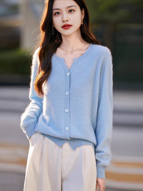 2025新款女士羊绒衫圆领开衫无缝一体100%纯羊毛衫拉毛羊绒毛衣|undefined